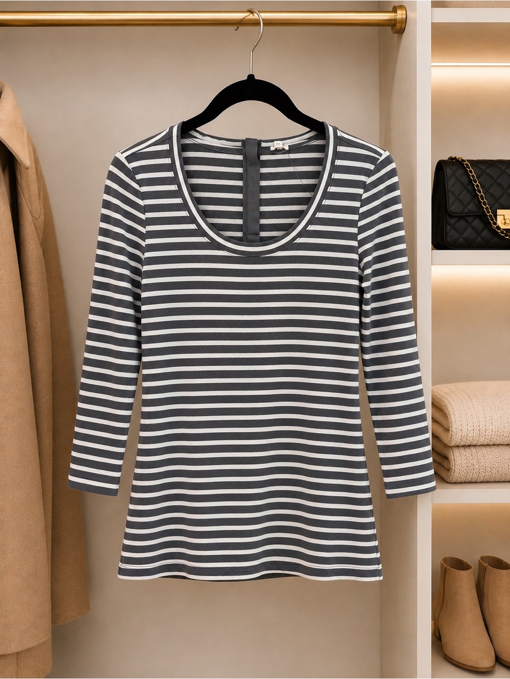 J Crew Striped Scoop Neck Women's Top - Gray & White